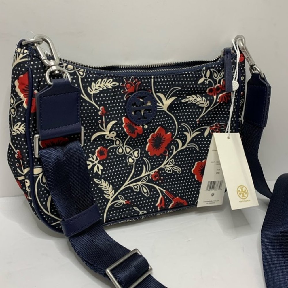 NWT Tory Burch Nylon Printed Convertible Crossbody Navy-Red Retro
